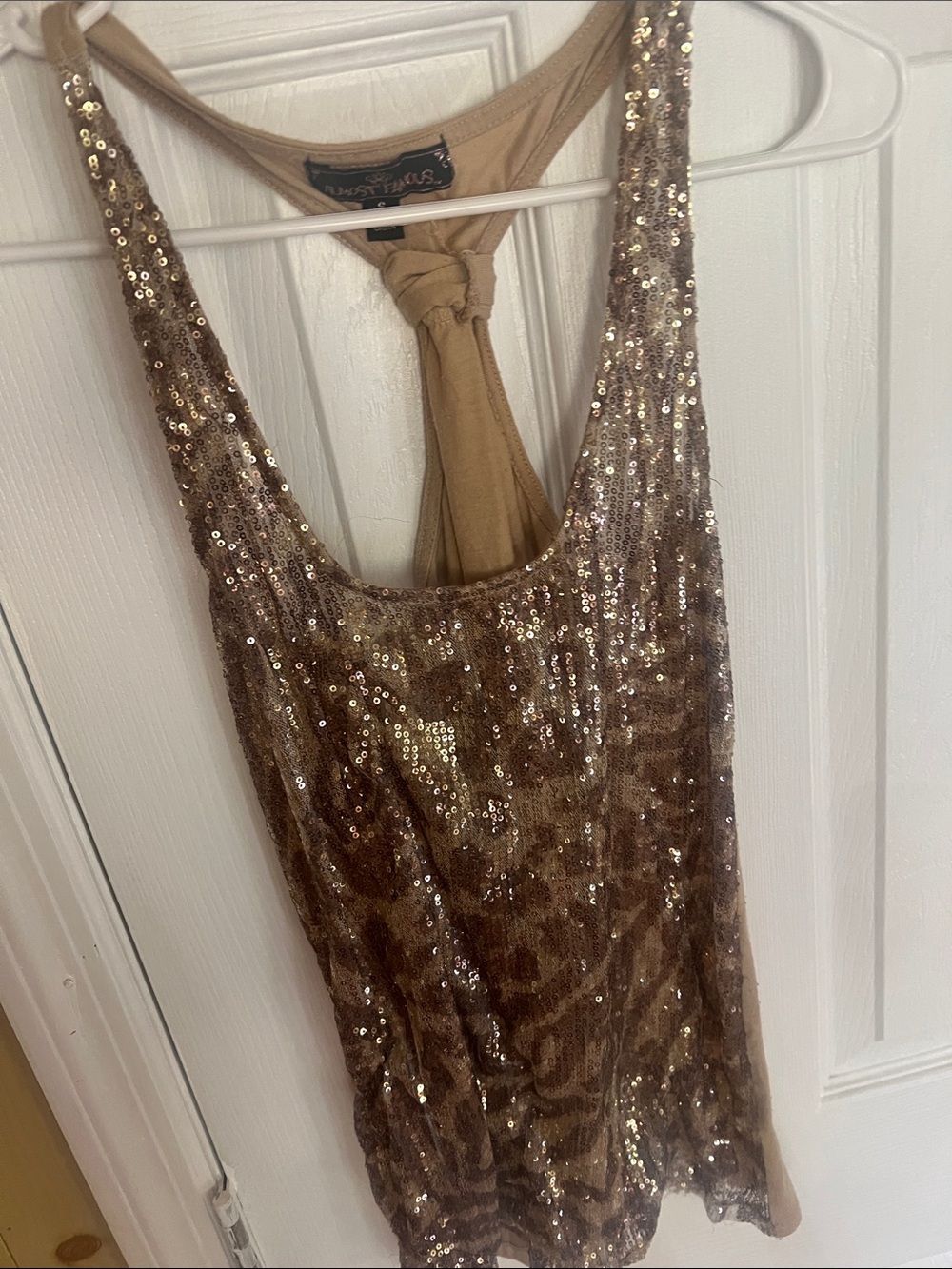 Almost Famous Champagne Brown Sequin Leopard tank top or undershirt
